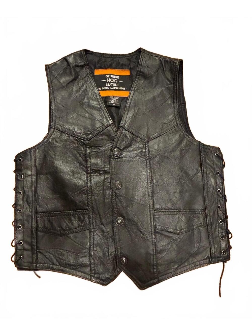 Genuine Hog Leather Motorcycle Biker Vest by Rocky Ranch Hides, Medium, Black